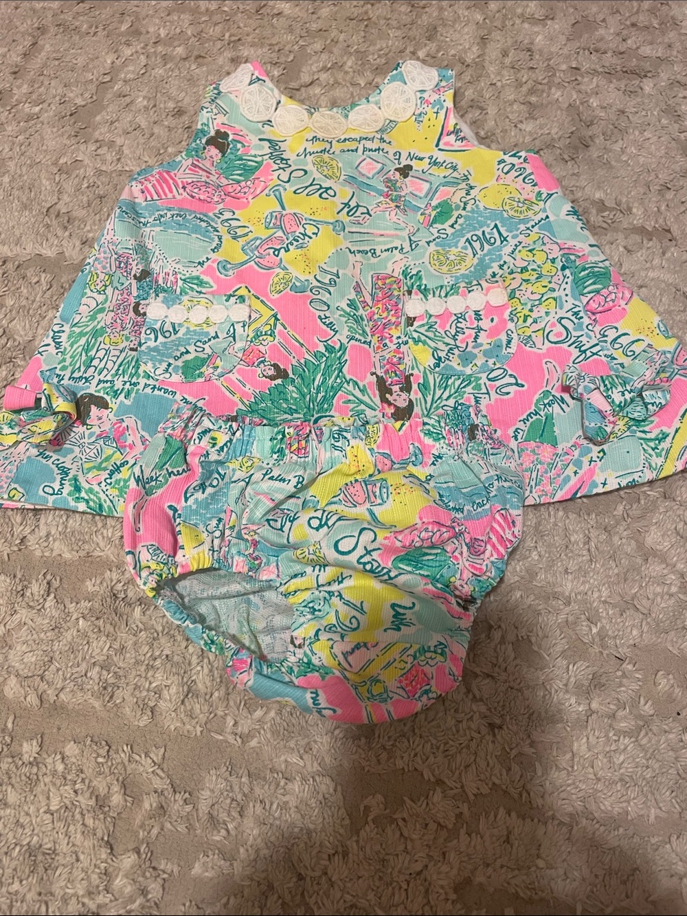 Lilly Pulitzer Pink, Aqua & Yellow Tropical Baby Dress with Bloomers